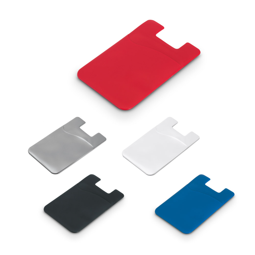 Porta cartões para celular em PVC com autocolante.