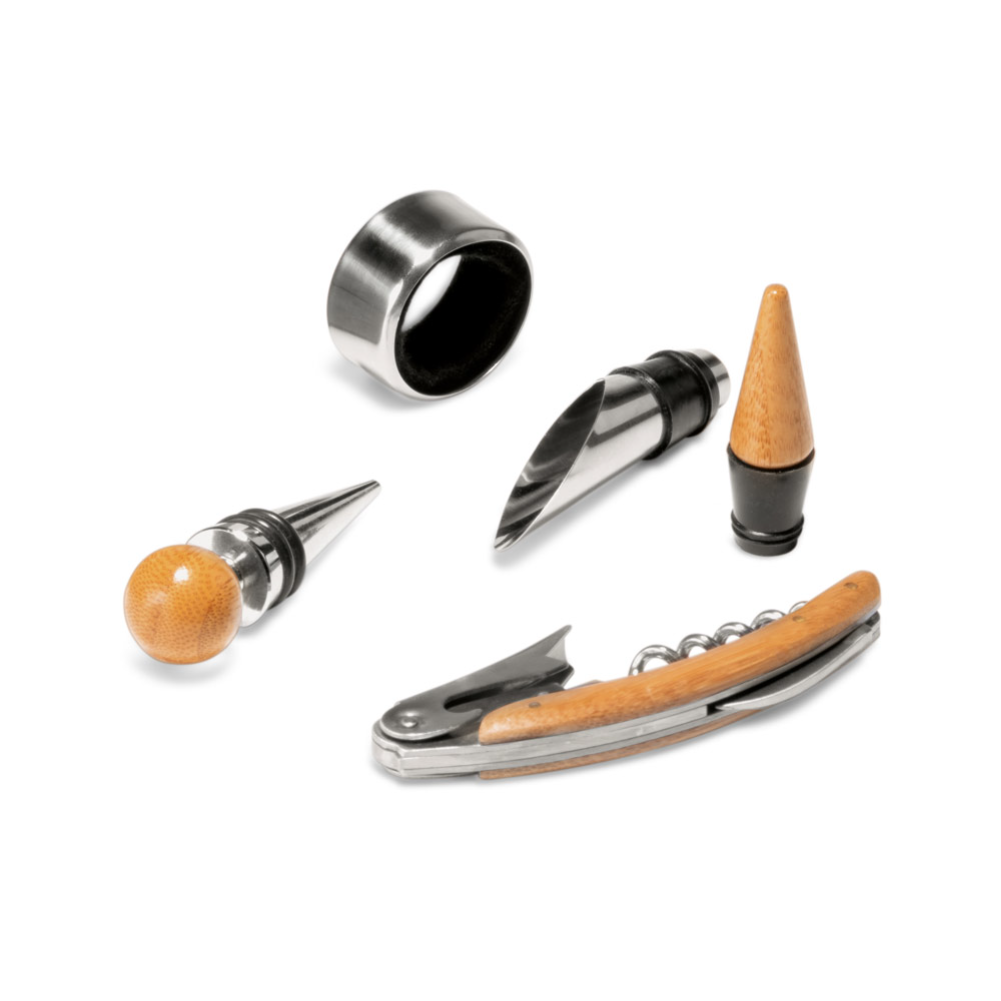 MORETO. Conjunto para vinho com 4 peças em bambu, inox e ABS