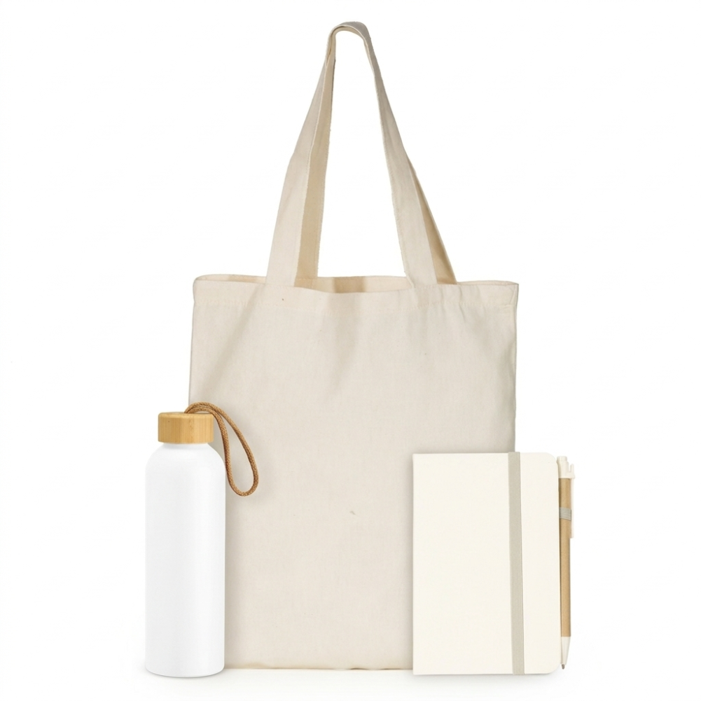 Kit Ecológico Promocional (Caderneta + Sacola Algodão + Garrafa Alumínio)