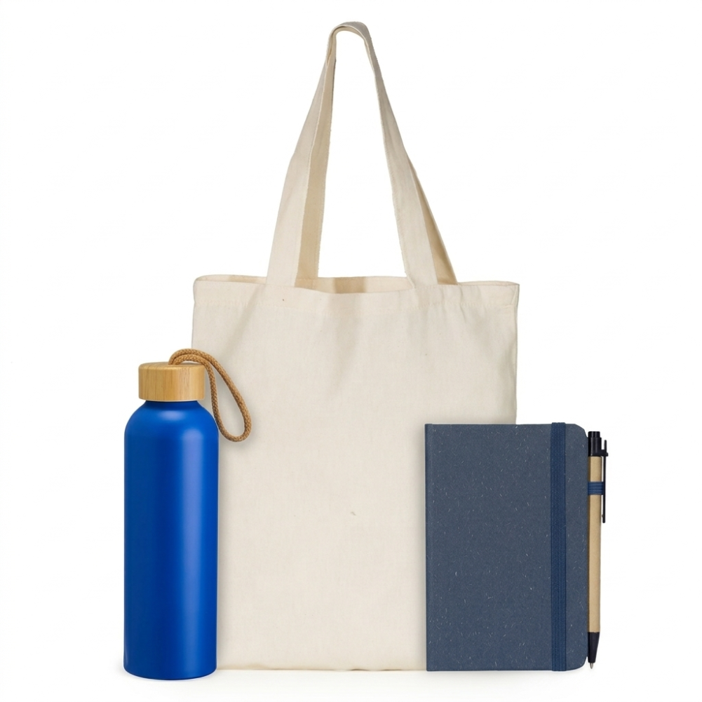 Kit Ecológico Promocional (Caderneta + Sacola Algodão + Garrafa Alumínio)