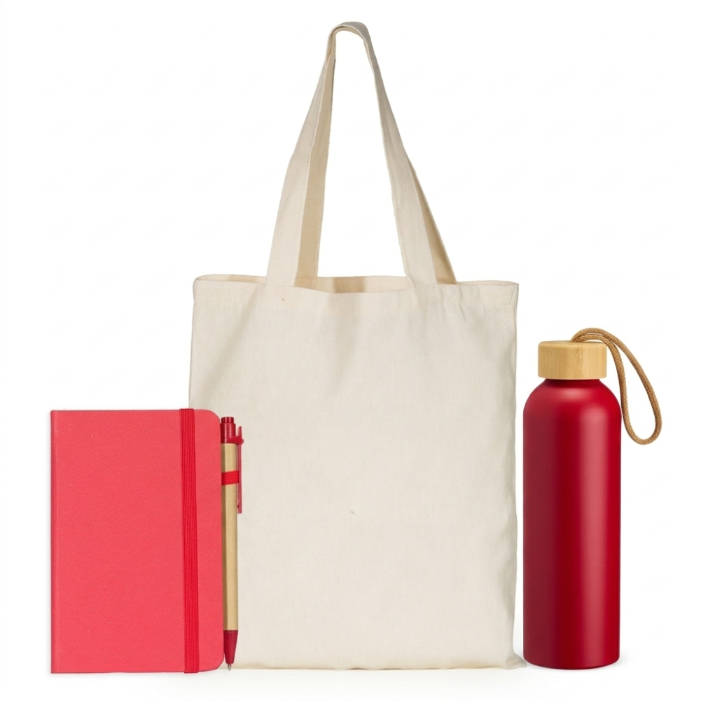 Kit Ecológico Promocional (Caderneta + Sacola Algodão + Garrafa Alumínio)