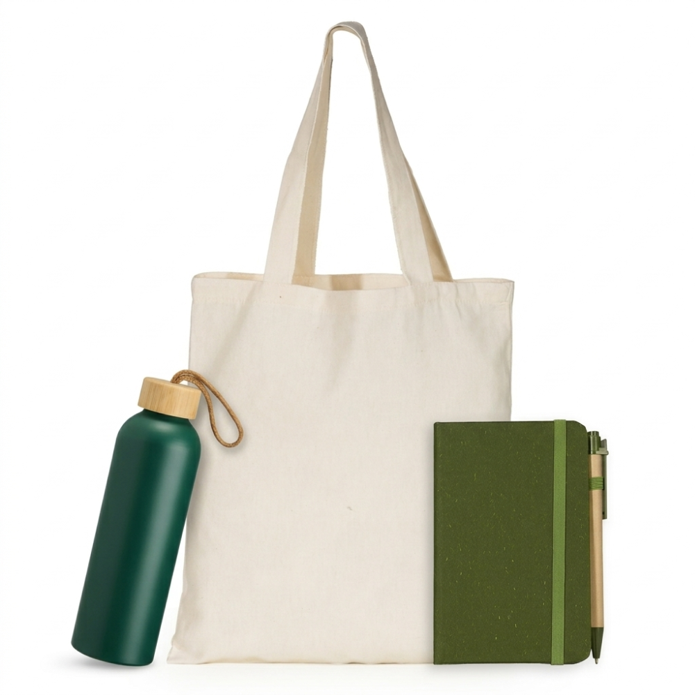 Kit Ecológico Promocional (Caderneta + Sacola Algodão + Garrafa Alumínio)
