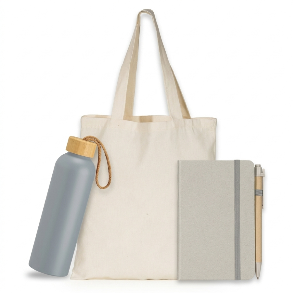 Kit Ecológico Promocional (Caderneta + Sacola Algodão + Garrafa Alumínio)