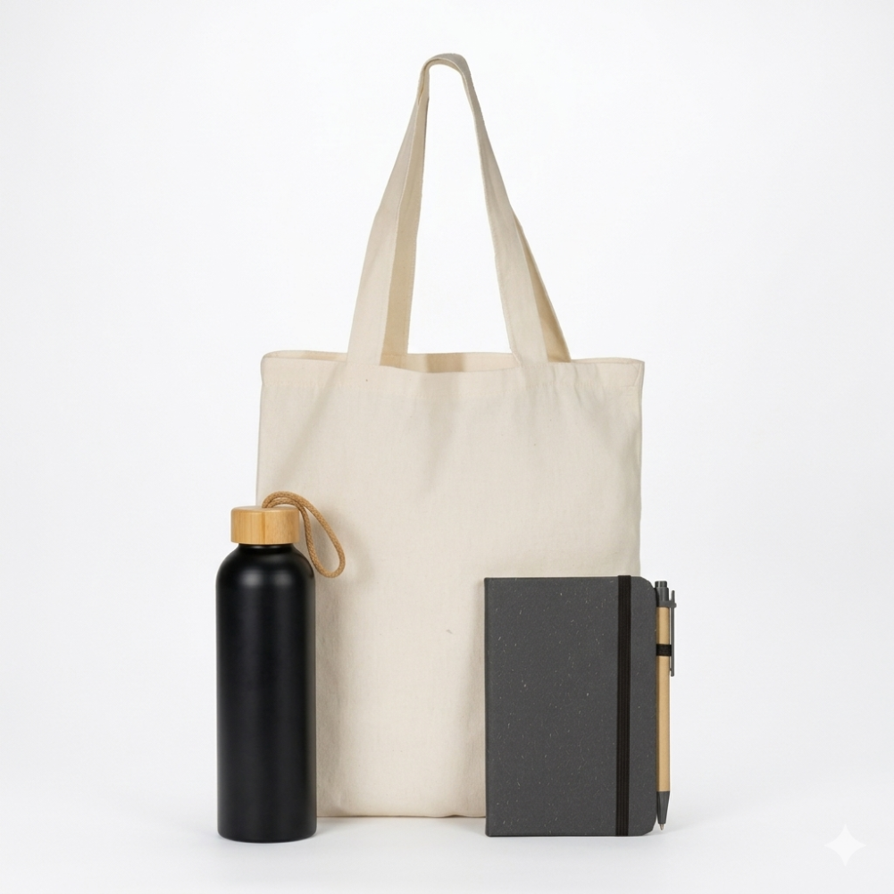 Kit Ecológico Promocional (Caderneta + Sacola Algodão + Garrafa Alumínio)